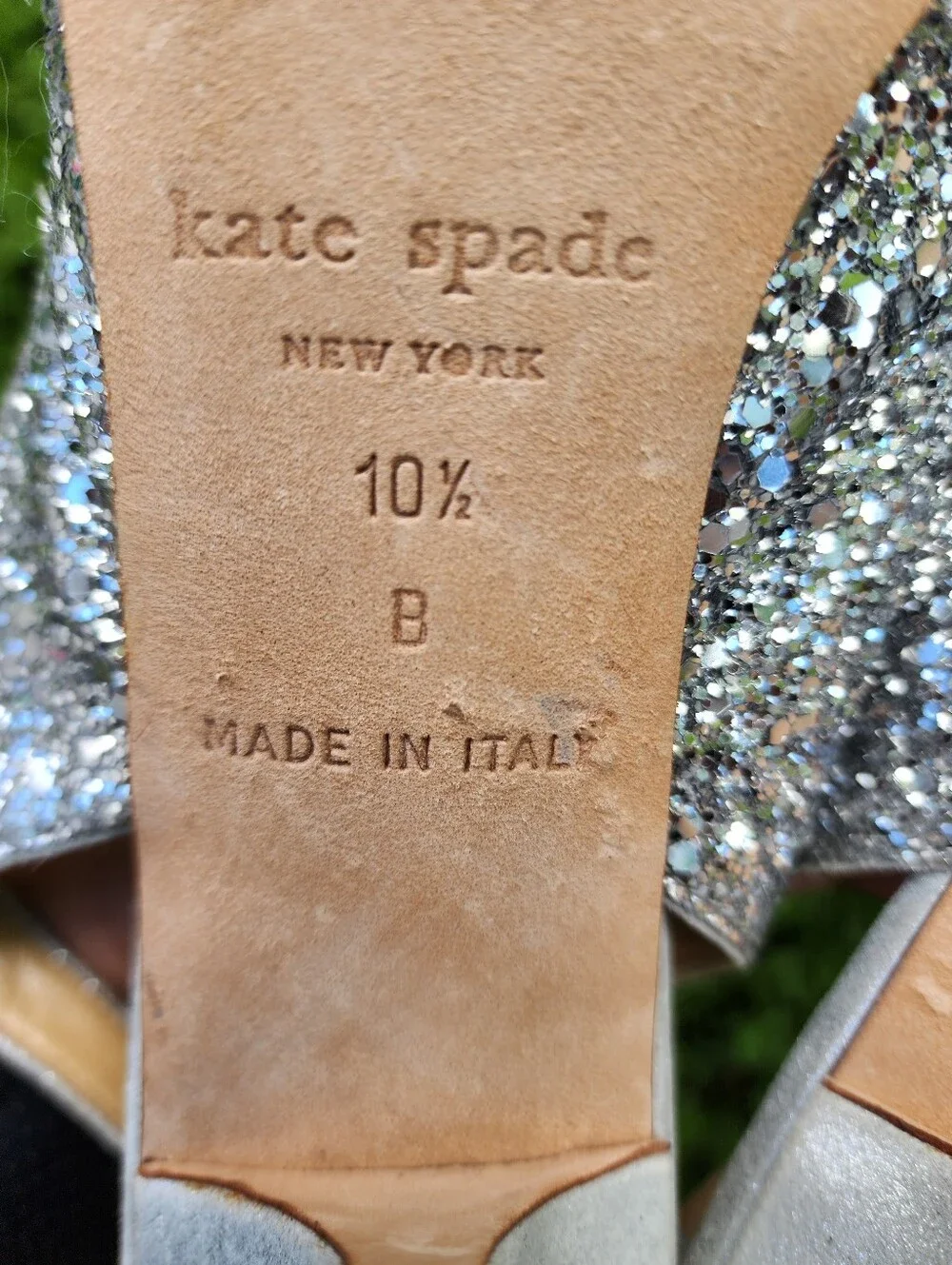 kate spade Silver Glitter Peep-Toe Slingback Heels with Bow